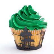 Cupcake Wrappers Haunted House x50pcs. 3 Halloween wraps to choose in shimmering black (Scary Houses) N6