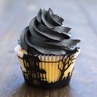 Cupcake Wrappers Haunted House x50pcs. 3 Halloween wraps to choose in shimmering black (Scary Houses) N14