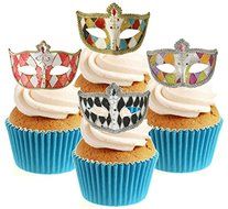 Novelty Masquerade Mask Harlequin Mix 12 Edible StandUp wafer paper cake toppers N2