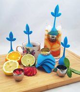 Tea Infuser with Stylish Three Leaf Silicone Handle and Stainless Steel Strainer Ball Filter includes Drip Tray... N30