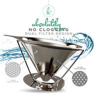 Pour Over Coffee Filter - Stainless Steel Drip Cone Dripper with Stand. Paperless, Reusable, Dual Filter Micro-Mesh... N4