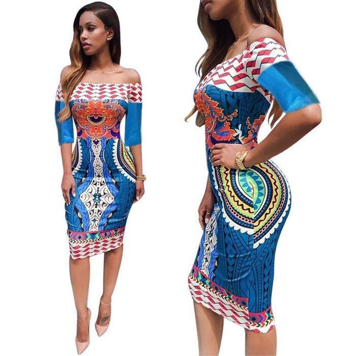 Printed Hip Dress,Morecome Women African Print Half Sleeve Dress N2