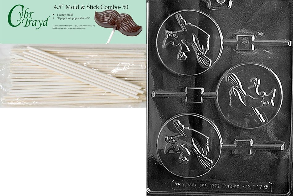 Cybrtrayd 45St50-H117 Witch Lolly Halloween Chocolate Candy Mold with 50 4.5-Inch Lollipop Sticks