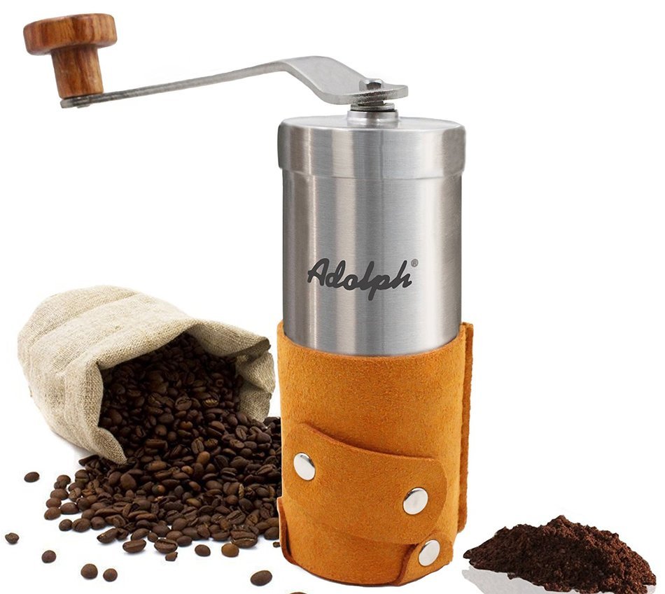 Adolph Manual Coffee Grinder with Leather Wrap, Hand Crank and Adjustable Ceramic Conical Burr N2