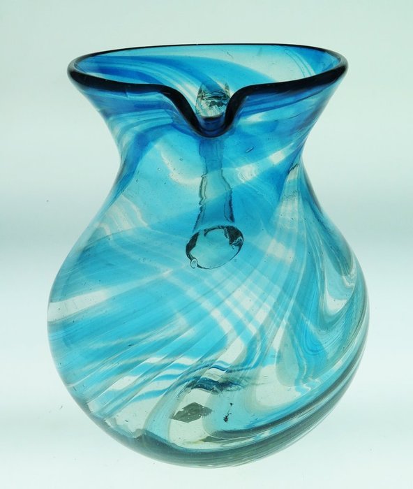 Mexican Glass Bola Pitcher, Turquoise Swirl Design, 128 Oz