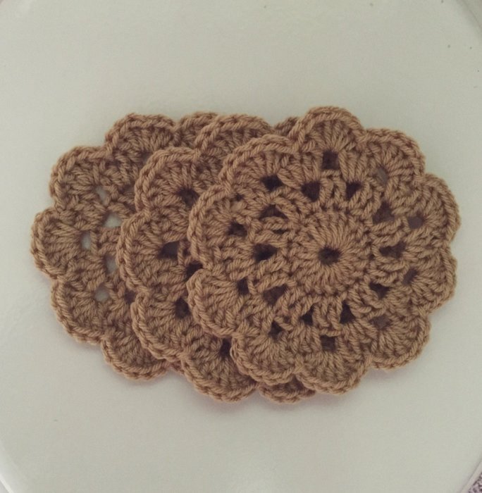 Crochet Light Brown Flower Coasters Set of 3