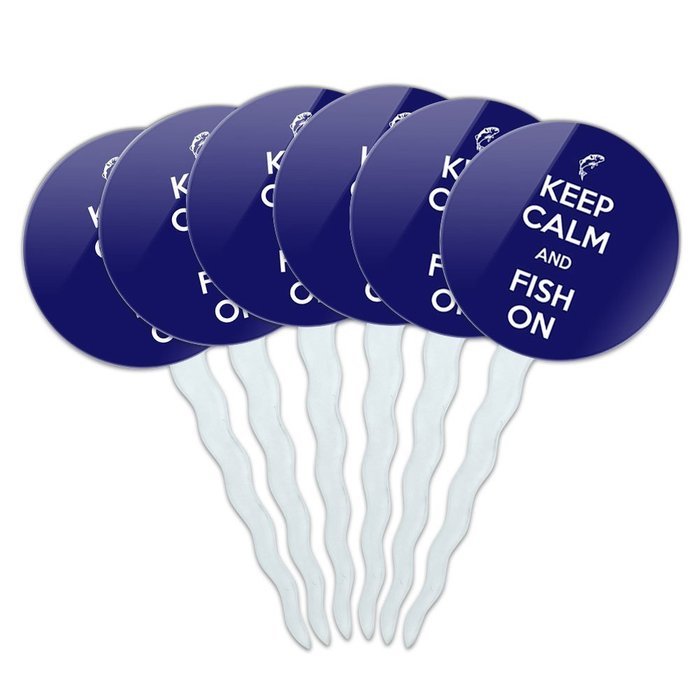 Set of 6 Cupcake Picks Toppers Decoration Keep Calm and A-H - Fish On Bass Fishing - Keep Calm and N17