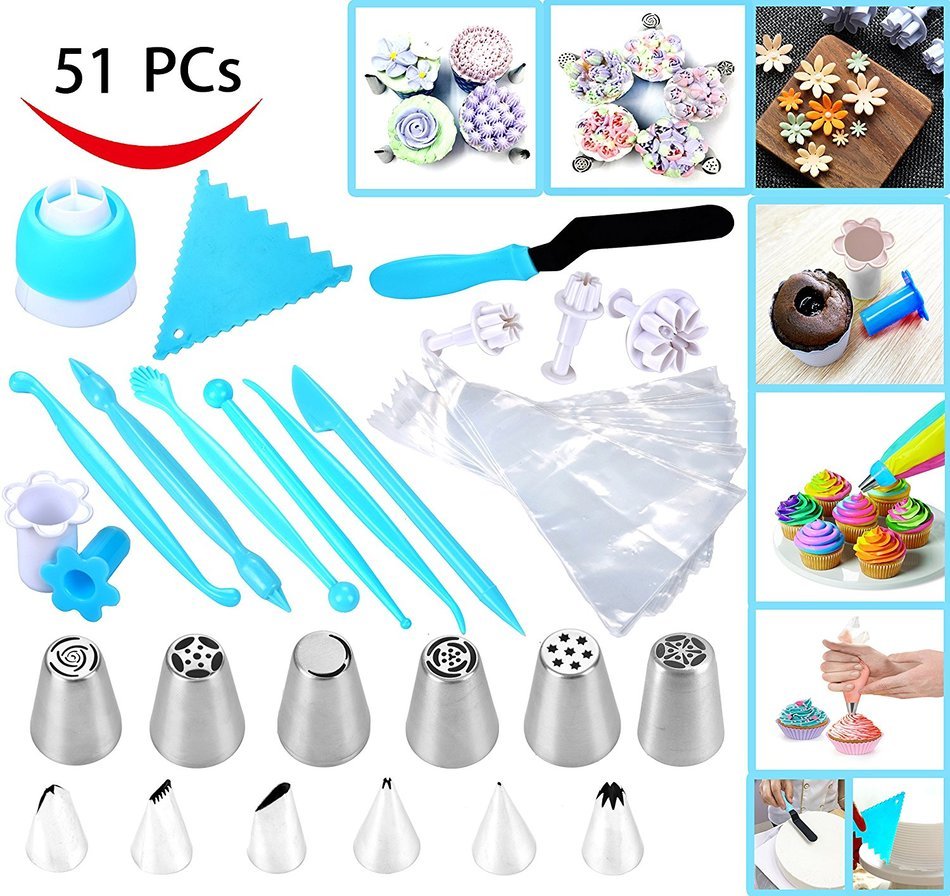 Joiedomi 51 Pieces Cake Icing and Decorating Kit Including 12 Stainless Steel Icing Tips, 25 Disposable Decorating... N5