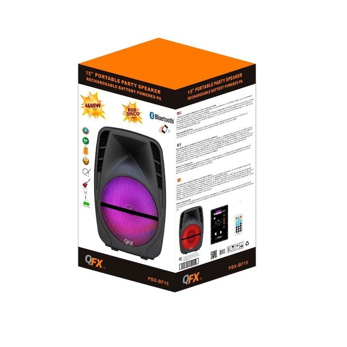 QFX PBX-BF15 15" Rechargeable PA Speaker w/Bluetooth/FM/USB/TF/AUX/Remote N2