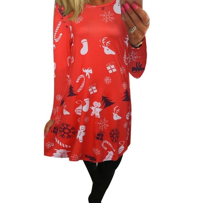 Xmas Print Women Christmas Long Sleeve Flared Party