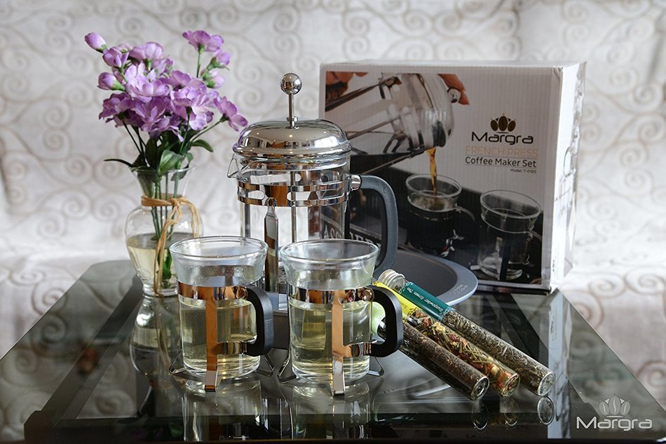 MARGRA French Press Coffee & Tea Maker Set - Elegant Design - Dual Filter System- Upgraded Thick Durable Glass N5