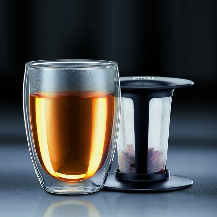 Bodum 12-Ounce Tea for One, Double Wall Glass with Strainer, Red