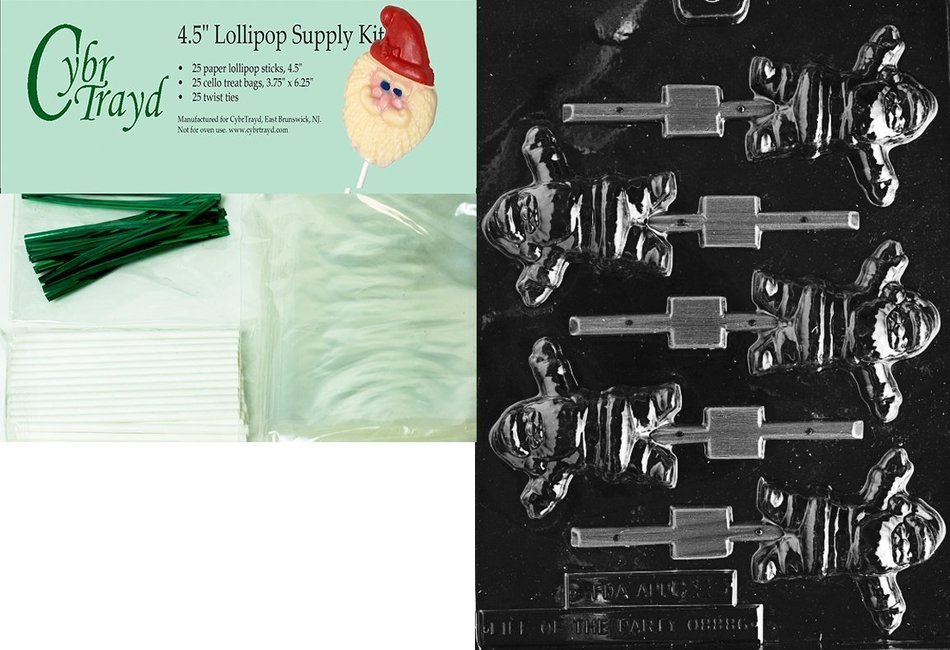 CHUBBY WAVING SANTA Christmas Chocolate Mold w/Lollipop Suply Kit (25 Lollipop Sticks, 25 Cello Bags, 25 Green...
