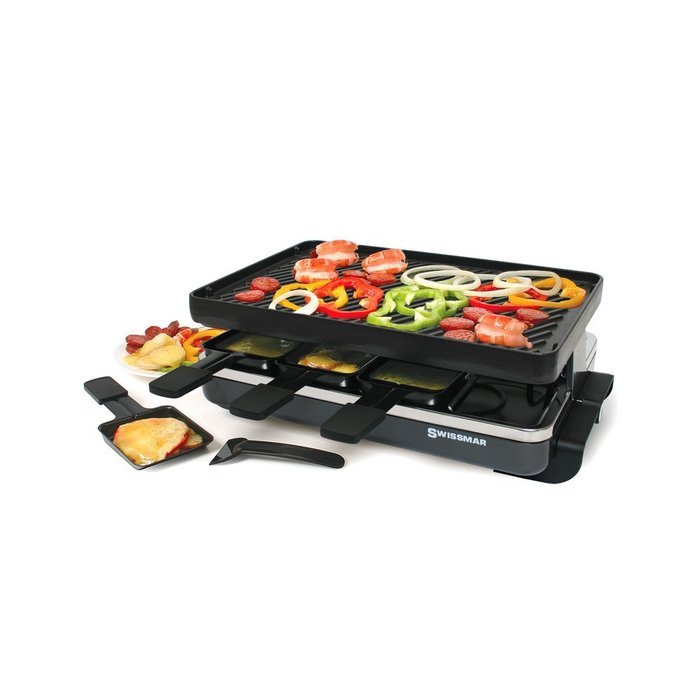 Swissmar KF-77040 Classic 8-Person Raclette Party Grill with Reversible Cast Iron Grill Plate/ Crepe Top, Black N9