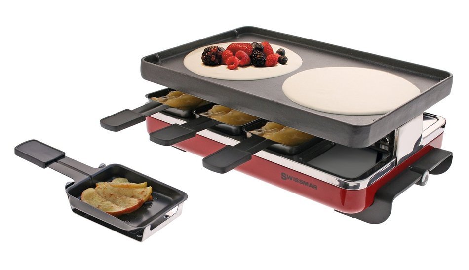 Swissmar KF-77040 Classic 8-Person Raclette Party Grill with Reversible Cast Iron Grill Plate/ Crepe Top, Black N10