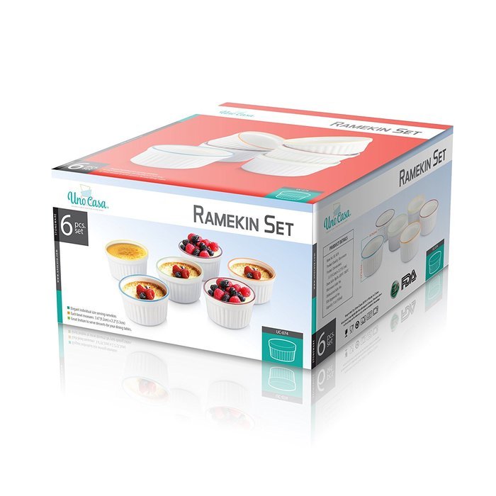 Uno Casa Creme Brulee Ramekins - Set of 6, 5oz - White Ceramic with Colored Rims