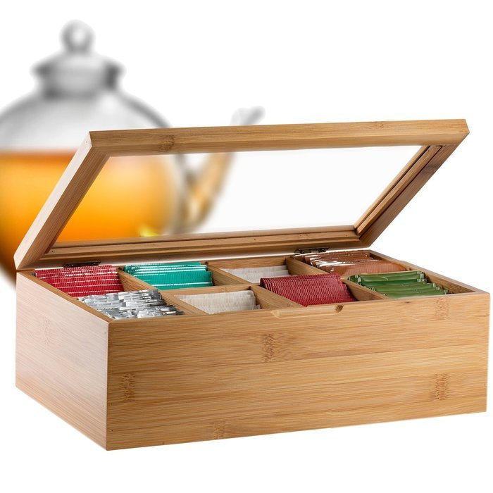Bamb&uuml;si by Belmint 8-Compartment Tea Storage Box with Hinged Lid ✦ Crafted of 100% Natural Bamboo (Clear Lid)