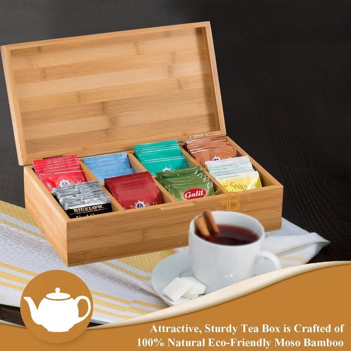Bamb&uuml;si by Belmint 8-Compartment Tea Storage Box with Hinged Lid ✦ Crafted of 100% Natural Bamboo (Clear Lid) N3