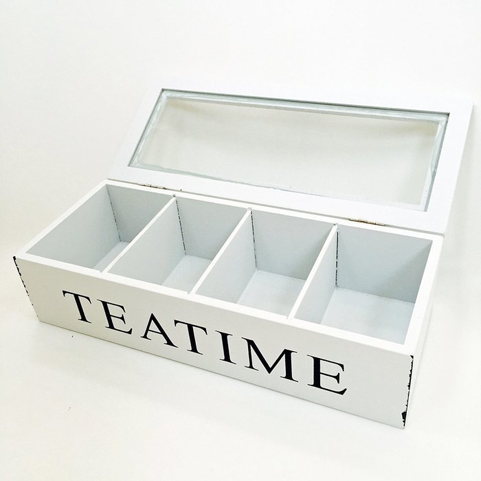 Tea Time Chest Wood 4 Compartment Organizer, White N2