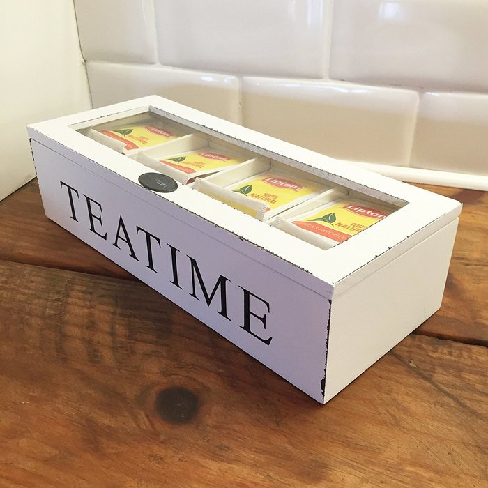 Tea Time Chest Wood 4 Compartment Organizer, White N3