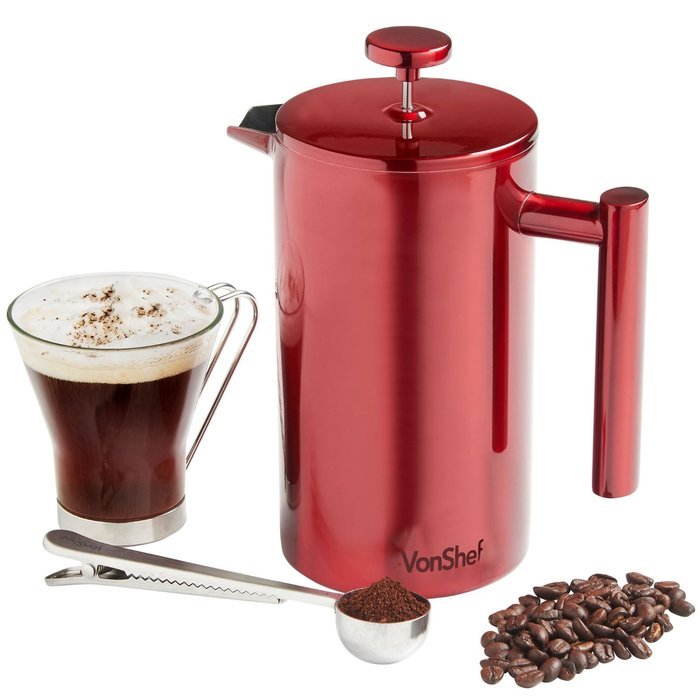 VonShef Red Double Wall Keep Warm Satin Polished Stainless Steel French Press Cafetiere Coffee Filter includes... N3