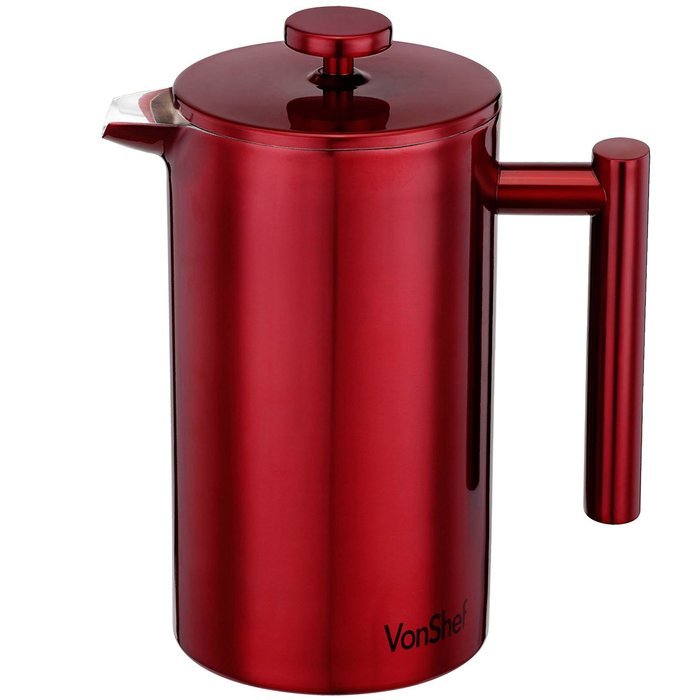 VonShef Red Double Wall Keep Warm Satin Polished Stainless Steel French Press Cafetiere Coffee Filter includes... N4