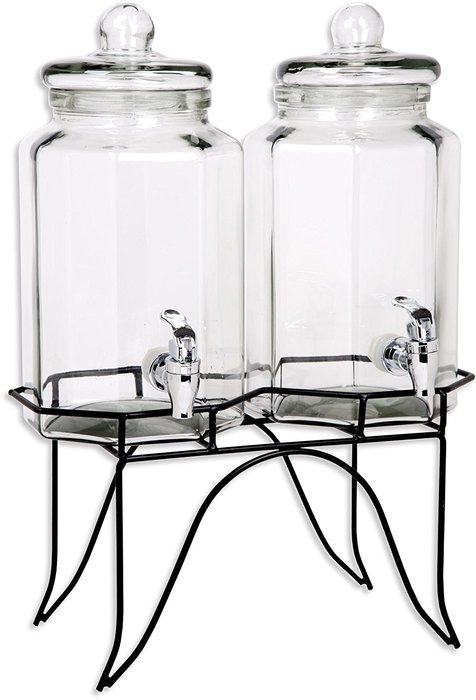 Palais Glassware High Quality Clear Glass Duplex Beverage Dispenser - 1 Gallon Each Jug, with Glass Lids and Metal... N3