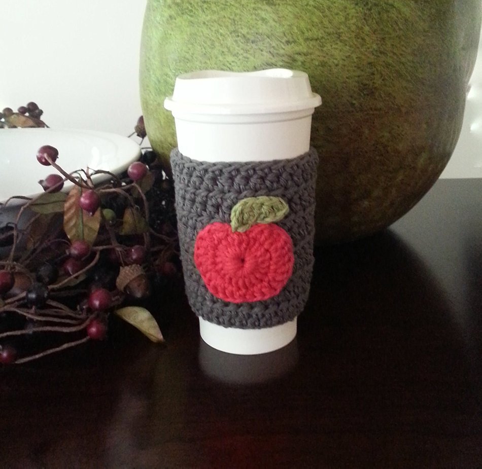 Coffee Sleeve - Coffee Cup Cozy Grey Apple Applique N2