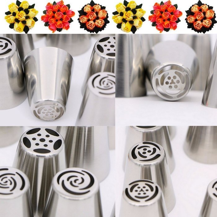SWISS PART 8pcs Stainless Steel Russian Cake Decorating Icing Tips Kit Extra Large Piping Nozzles and 12" Reusable... N5