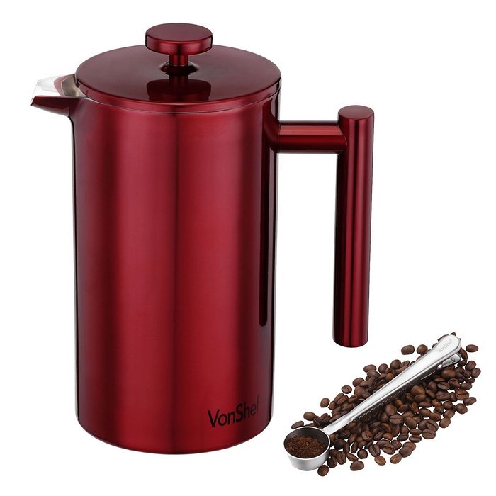 VonShef Red Double Wall Keep Warm Satin Polished Stainless Steel French Press Cafetiere Coffee Filter includes... N8