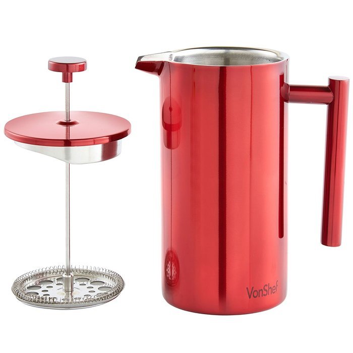 VonShef Red Double Wall Keep Warm Satin Polished Stainless Steel French Press Cafetiere Coffee Filter includes... N10