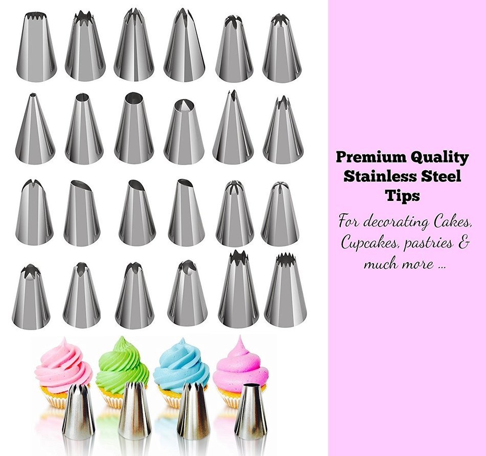 Cake Decoration Tips Set - ONLY 30pcs cake decoration kit including Reusable silicone icing bag, coupler, cake... N4