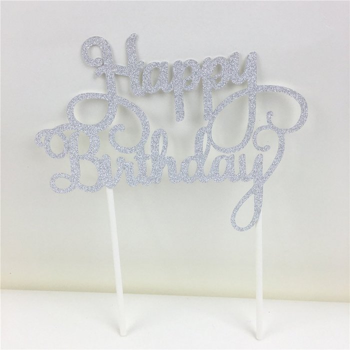SUNBEAUTY Pack of 2 Silver Glitter Happy Birthday Cake Topper Decoration (Silver) N7