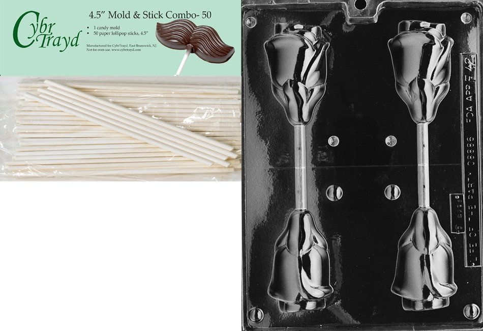 Cybrtrayd Large 3D Rose Lolly Fruits and Vegetables Chocolate Candy Mold with 50 4.5-Inch Lollipop Sticks