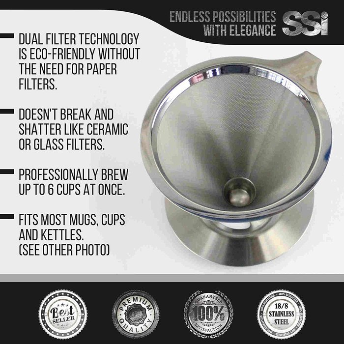 Pour Over Coffee Filter Dripper Kit with Bonus 2 Tablespoon Scoop - All High Quality Stainless Steel Cone Paperless... N3