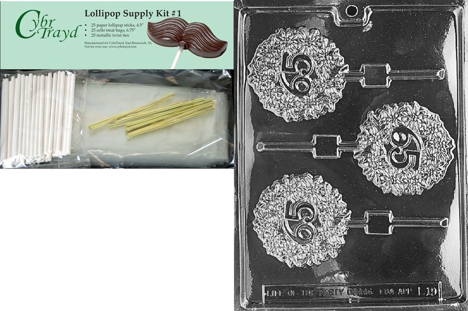 Cybrtrayd 65th Lolly Letters and Numbers Chocolate Candy Mold with Lollipop Supply Bundle of 25 Gold Twist Ties