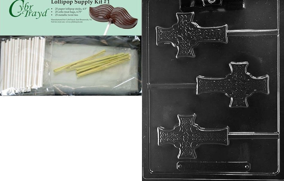 Cybrtrayd Celtic Cross Lolly Chocolate Candy Mold with Lollipop Supply Bundle, Includes 50 Sticks, 50 Cello Bags... N9