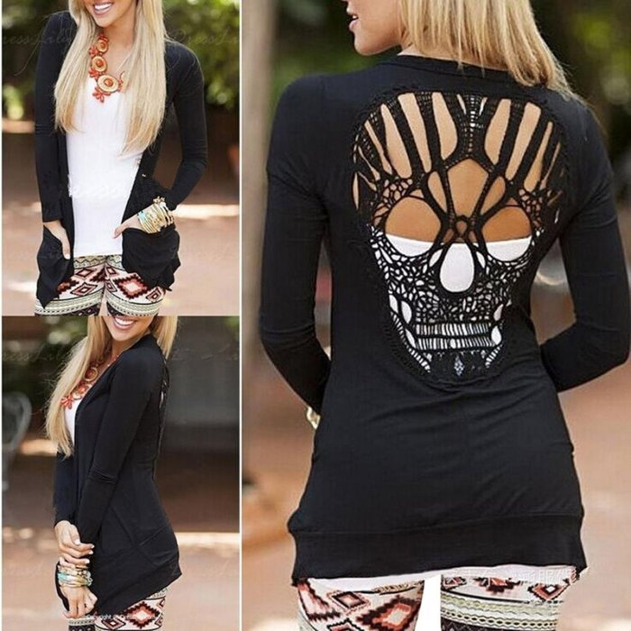 Women's Outwear,Laimeng Long Sleeve Skull Backless Top Coat Jacket Outwear (S, Black) N4