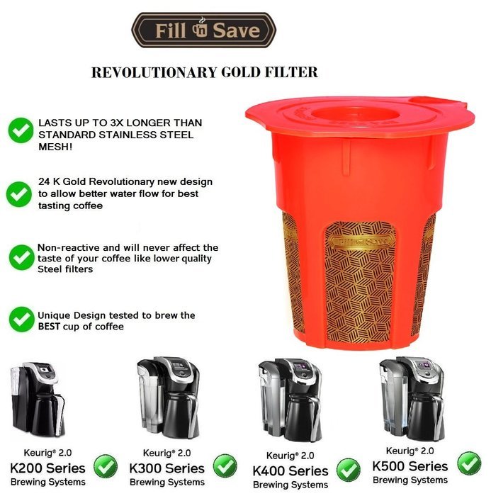 Fill N Save GOLD SERIES 24K Gold Reusable Carafe K-Cups [2 Pack]. Reusable coffee filter for the Keurig 2.0, K200... N3