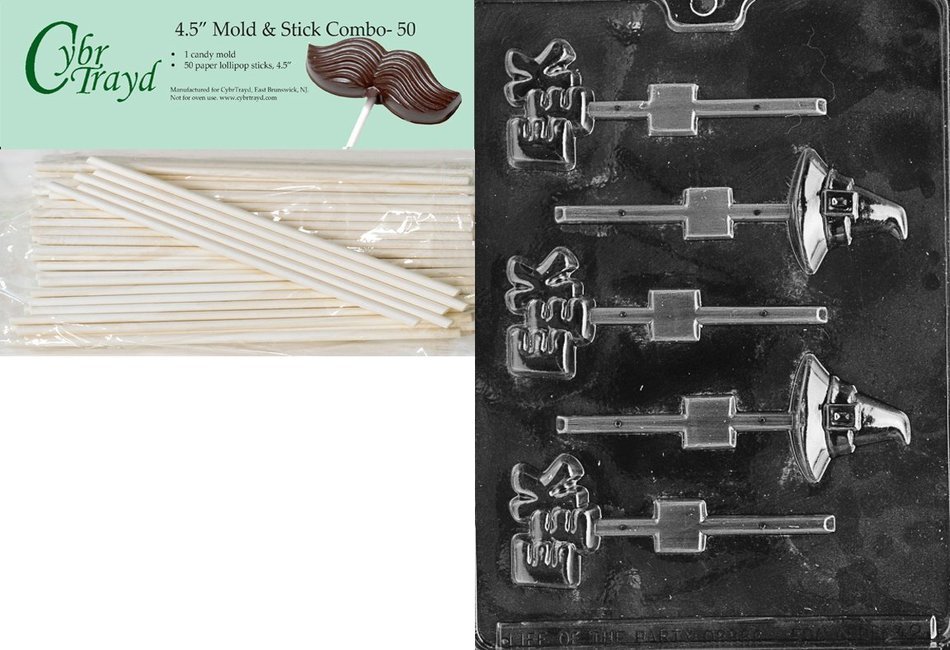 Cybrtrayd 45St50-H042 Hat and Eek Lolly Halloween Chocolate Candy Mold with 50 4.5-Inch Lollipop Sticks
