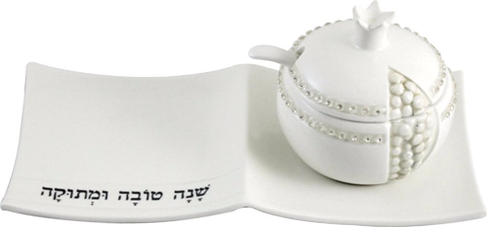 Ceramic Honey Dish Set with Stones 9 Cm (3.54") Diameter- Pomegranate for Rosh hashana Jewish holidays Art judaica