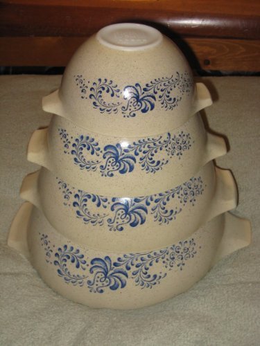 SET OF 4 - Vintage 1970's Pyrex HOMESTEAD Beige & Blue Cinderella Mixing Batter Nesting Bowl - 1 1/2 Pint, 1 1... N2
