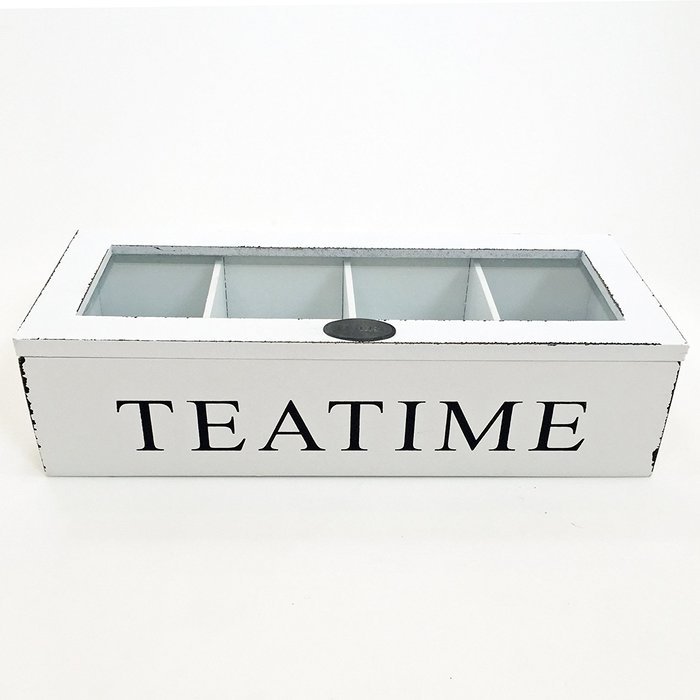 Tea Time Chest Wood 4 Compartment Organizer, White N4