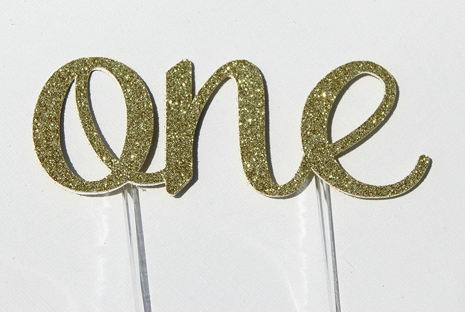 Handmade 1st First Birthday Cake Topper Decoration - One - Made in USA with Double Sided Gold Glitter Stock
