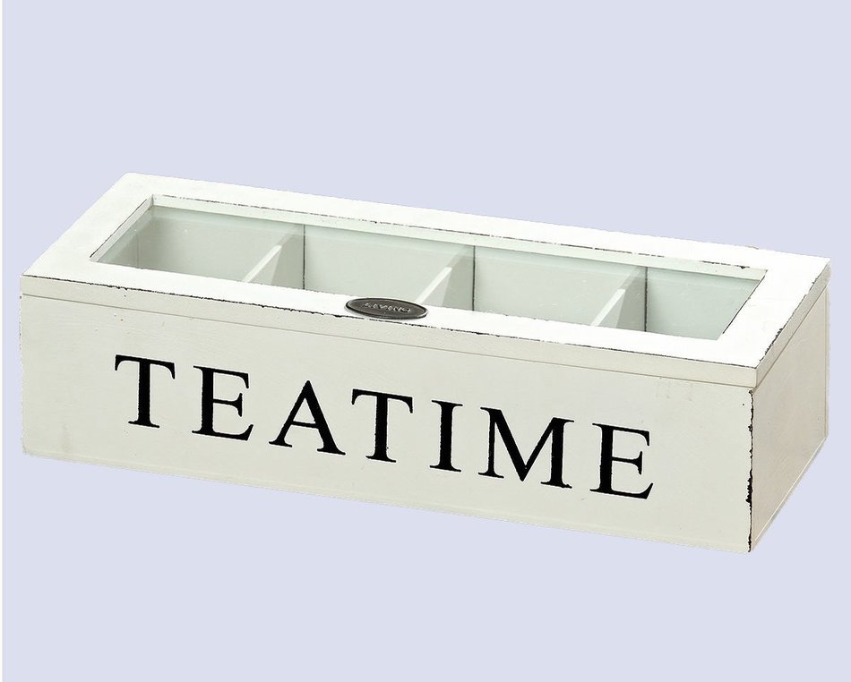 Tea Time Chest Wood 4 Compartment Organizer, White N5