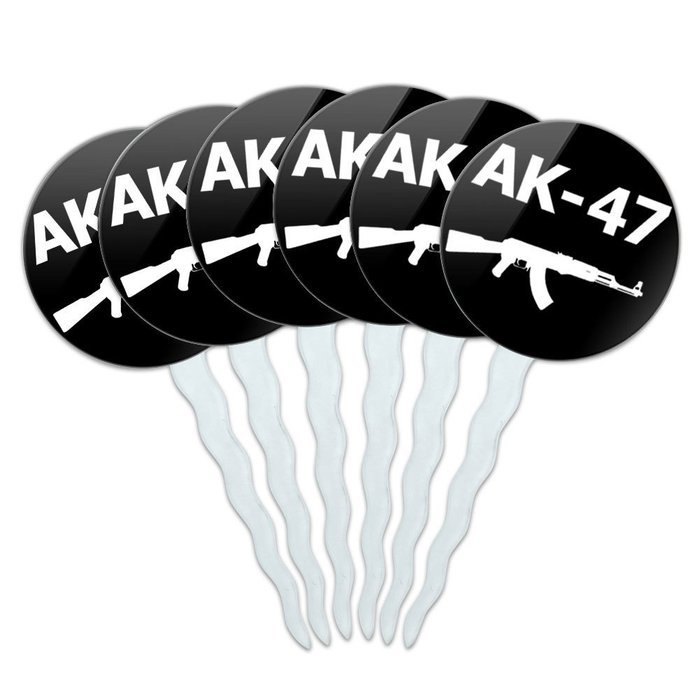 Set of 6 Cupcake Picks Toppers Decoration Guns Weapons Military - Handgun Weapon Black on White N8