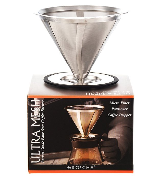 GROSCHE Ultra Mesh Pour-Over Coffee Dripper with Round Base, 18/8 Stainless Steel Construction N4