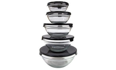 5 Piece Glass Bowl: Wheat Emboss-Multi-Color Lids