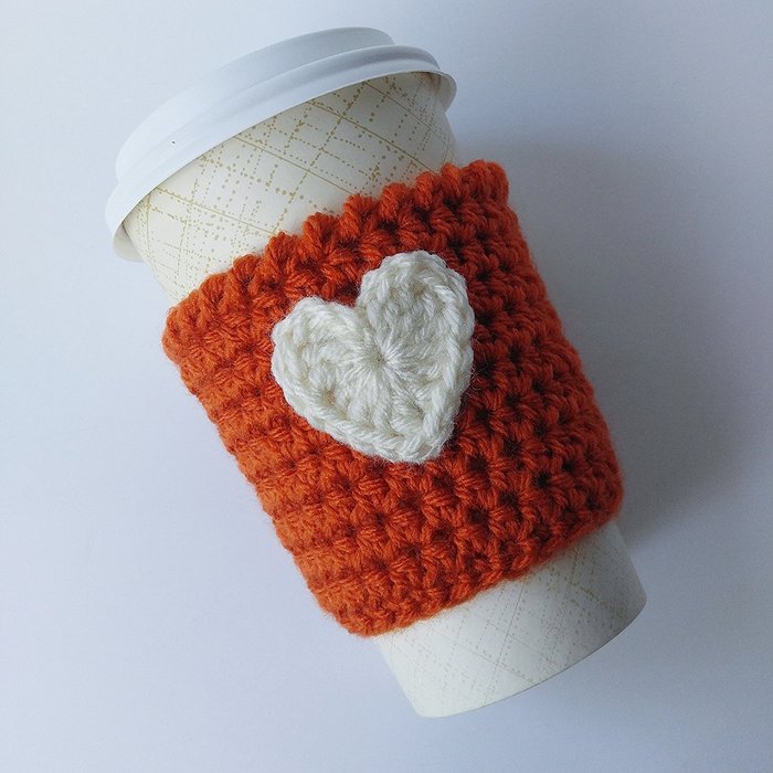 Crochet Coffee Sleeve Pumpkin Spice Latte Heart Applique N2