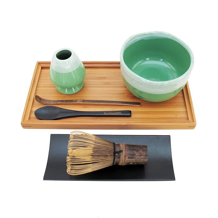 BambooMN Brand - Matcha Bowl Set (Includes Bowl, Rest, Black Tea Whisk, Black Chasaku, Black Tea Spoon, Rest Tray... N4